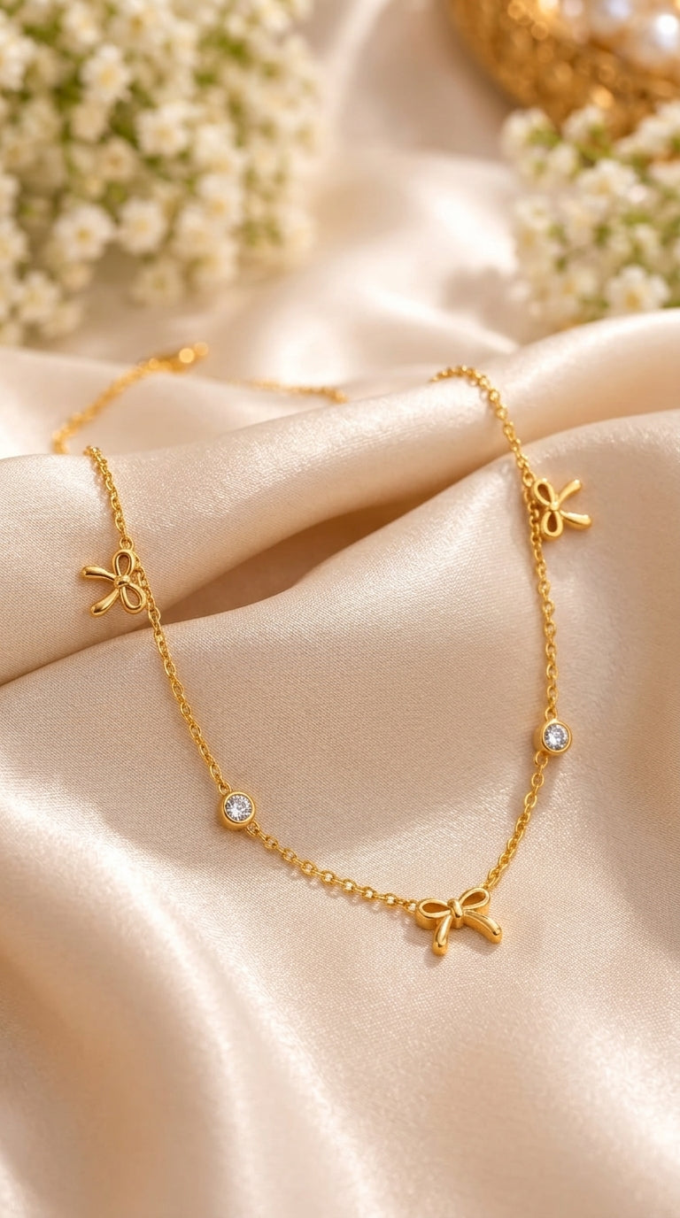 Golden Bow & Crystal Stone Pendant Necklace for Women
