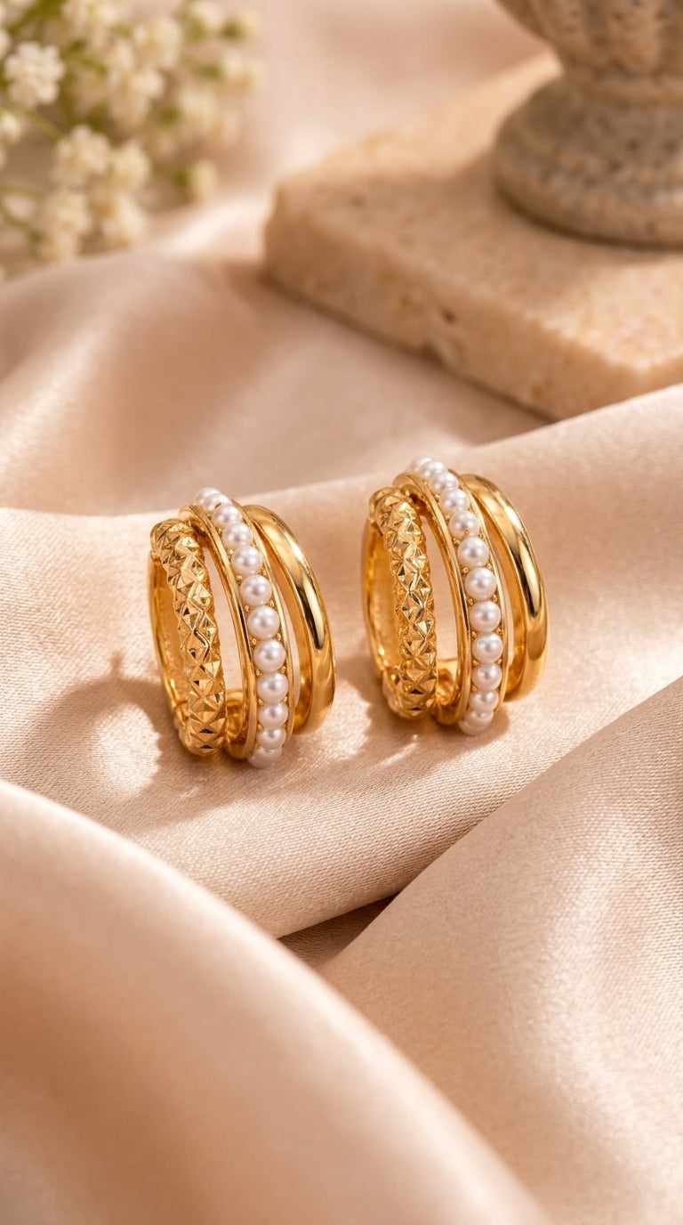 Golden Textured & Pearl Hoop Earrings for Women