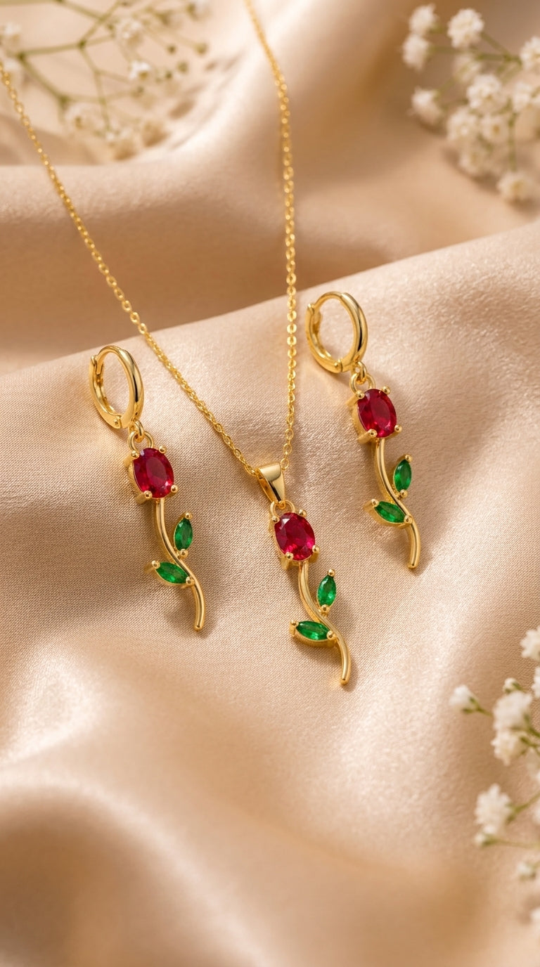 Ruby & Emerald Floral Golden Pendant Necklace & Earrings Set