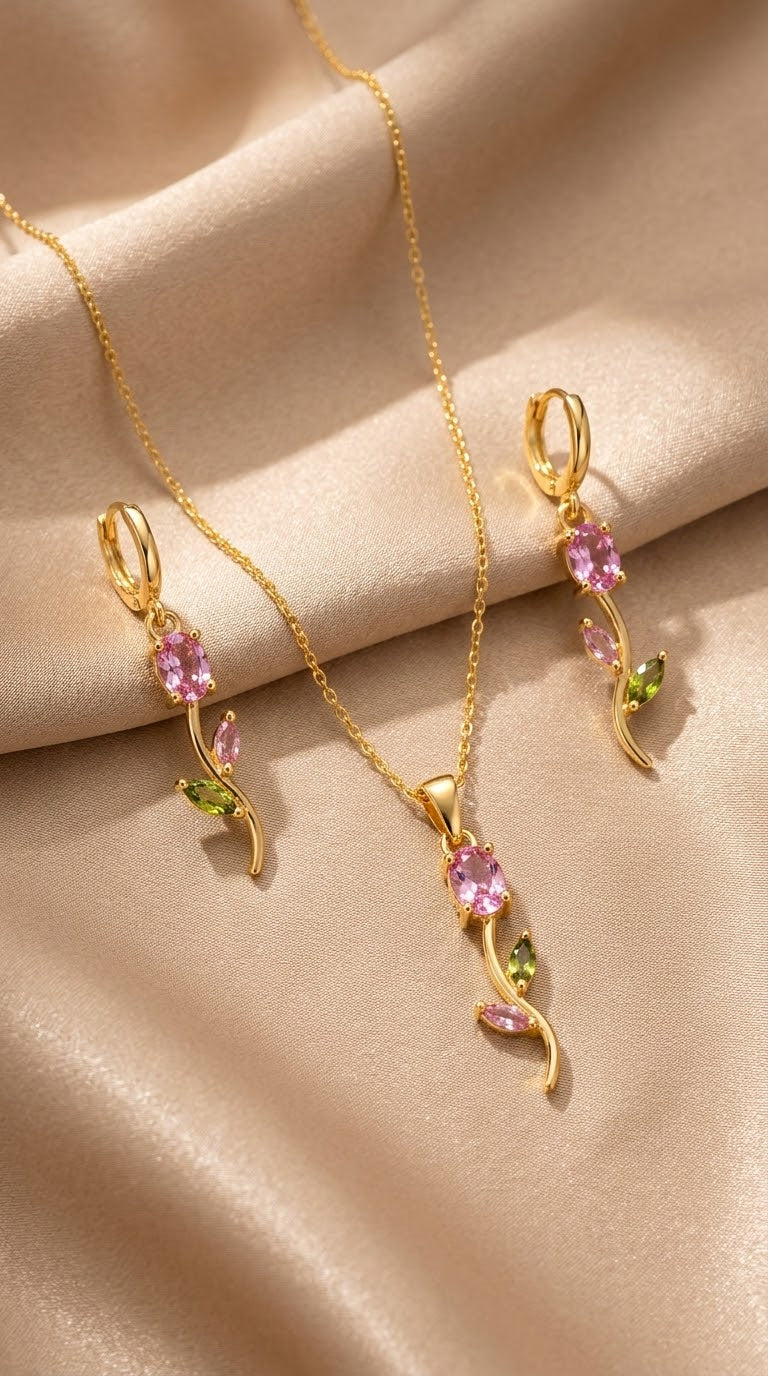 Elegant Pink & Green Floral Gold Pendant Necklace & Earrings Set