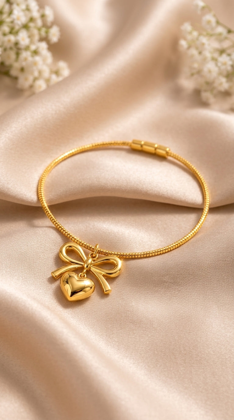 Golden Bow & Heart Charm Bracelet for Women