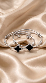 Silver & Black Clover Bangle Bracelet for Women