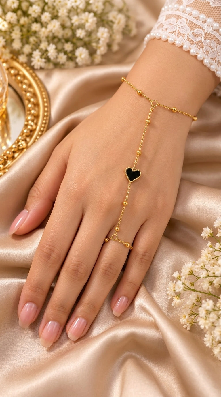 Golden Black Heart Charm Finger Ring Bracelet for Women