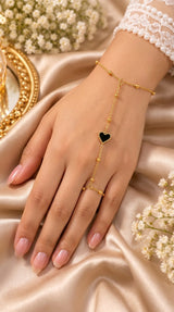 Golden Black Heart Charm Finger Ring Bracelet for Women