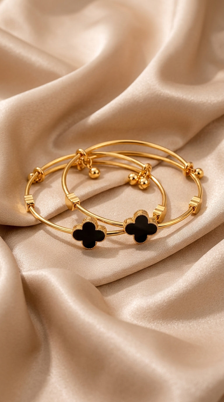 Golden & Black Clover Bangle Bracelet for Women