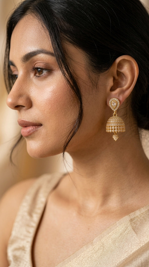 Golden Traditional Jhumka Earrings with Pearl Drops for Women