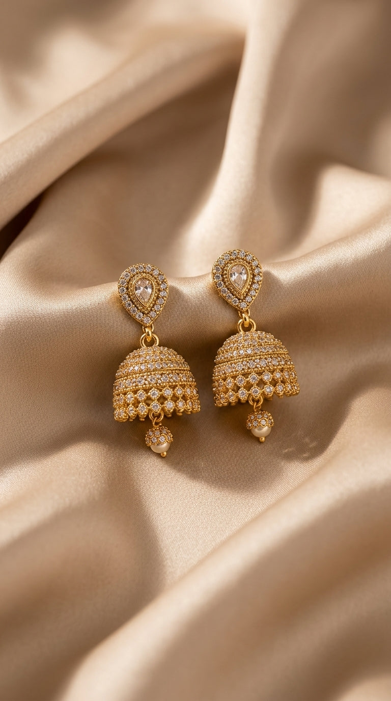 Golden Traditional Jhumka Earrings with Pearl Drops for Women