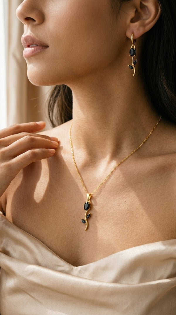 Golden & Black Floral Pendant Necklace & Earrings Set