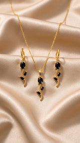 Golden & Black Floral Pendant Necklace & Earrings Set
