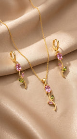 Elegant Pink & Green Floral Gold Pendant Necklace & Earrings Set