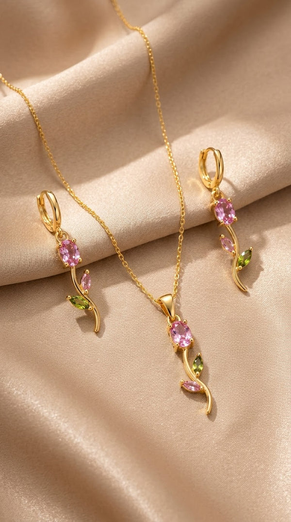 Elegant Pink & Green Floral Gold Pendant Necklace & Earrings Set
