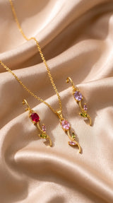 Golden Floral Gemstone Pendant Necklace & Earrings Set