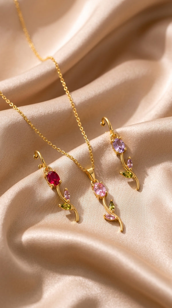 Golden Floral Gemstone Pendant Necklace & Earrings Set