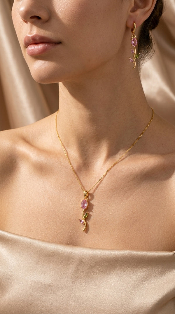 Elegant Pink & Green Floral Gold Pendant Necklace & Earrings Set
