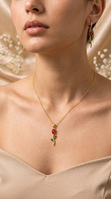 Ruby & Emerald Floral Golden Pendant Necklace & Earrings Set
