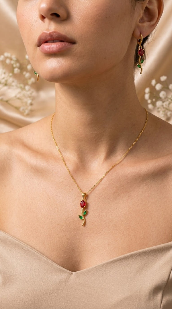 Ruby & Emerald Floral Golden Pendant Necklace & Earrings Set
