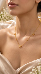 Golden Bow & Crystal Stone Pendant Necklace for Women