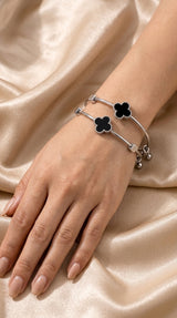 Silver & Black Clover Bangle Bracelet for Women