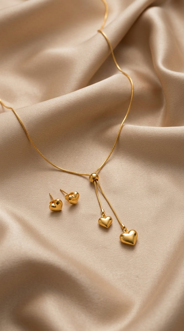 Golden Heart Pendant Necklace & Stud Earrings Set for Women