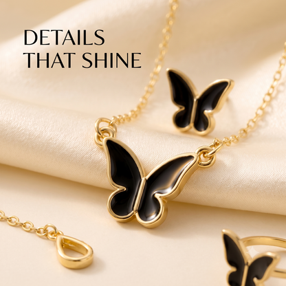 Butterfly Jewelry Set for Women | Black Butterfly Necklace Bracelet Ring & Earrings | Trendy Fashion Jewelry | Free Gift Earrings