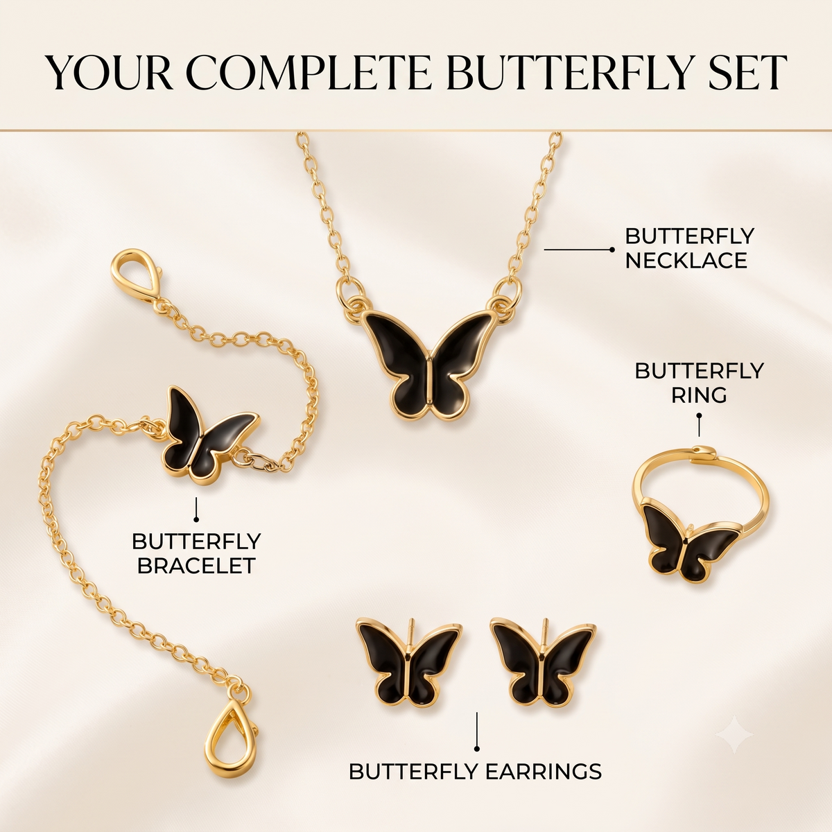 Butterfly Jewelry Set for Women | Black Butterfly Necklace Bracelet Ring & Earrings | Trendy Fashion Jewelry | Free Gift Earrings