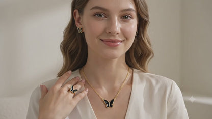Butterfly Jewelry Set for Women | Black Butterfly Necklace Bracelet Ring & Earrings | Trendy Fashion Jewelry | Free Gift Earrings